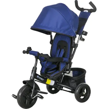 Odrážedlo HOMCOM Dětská tříkolka, dětské kolo, zadní košík, držák nápojů, sluneční stříška, kov, tmavě modrá