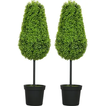 umělá květina HOMCOM Sada 2 umělých dřevin Boxwood 90 cm Umělá rostlina ve tvaru slzy, plast Umělé rostliny v květináči Moderní dekorace