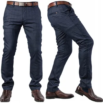 Pánské kalhoty Pánské elegantní kalhoty TMAVĚ MODRÉ CHINOSY s kostkovaným vzorem SALID, velikost vel.