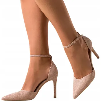 Dámská obuv Lodičky Dámské Šampaňské Barvy na Jehlovém Podpatku Brokátové Uzavřená Pata Pohodlné Velikost 37