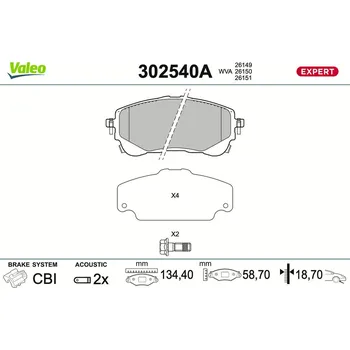 Brzdová destička Sada brzdových destiček, kotoučová brzda VALEO 302540A