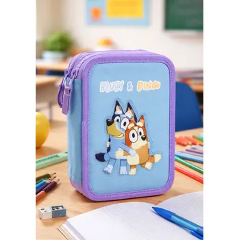 Cerda Školní penál dvoupatrový BLUEY a Bingo s výbavou modrofialový