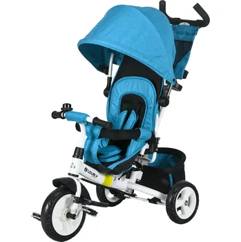 Odrážedlo HOMCOM Dětská tříkolka, dětské kolo, zadní košík, držák nápojů, sluneční stříška, kov, modrá barva