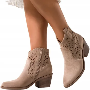 Dámské kozačky KOTNÍKOVÉ BOTY Béžové Dámské KOVBOJSKÉ BOTY Zkosený podpatek Ažurová Svršek POHODLNÉ vel. 38