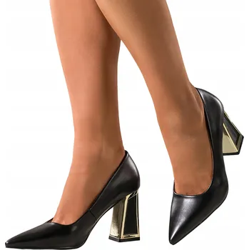 Dámské lodičky Lodičky Černé Dámské Pohodlné Široký Ozdobný Blokový Podpatek Zlaté Akcenty vel. 40