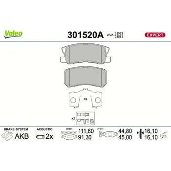 Brzdová destička Sada brzdových destiček, kotoučová brzda VALEO 301520A