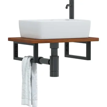 Koupelnový nábytek vidaXL Deska pod umyvadlo nástěnná ocel a masivní dubové dřevo [3302341] Barva: tmavě hnědá a černá