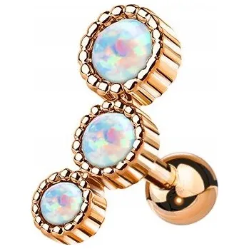 Náušnice Náušnice do ucha s třemi bílými kamínky, tloušťka 1,2 mm, délka 6 mm, barva růžové zlato