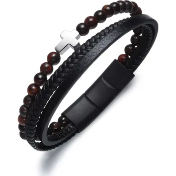 Náramek Kožený korálkový náramek z oceli křížek