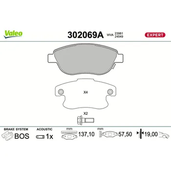 Brzdová destička Sada brzdových destiček, kotoučová brzda VALEO 302069A