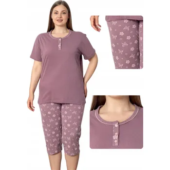 Dámské pyžamo Dámské bavlněné pyžamo Komplet 3/4 kalhoty Rybářky Květiny Švestka 4XL