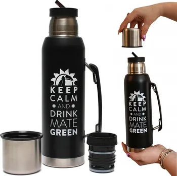 Termoska Velká Termoska na Maté Zelená 1,3 L Yerba Káva Čaj NEPROPUSTNÁ Nerezová Ocel Černá 1300ml