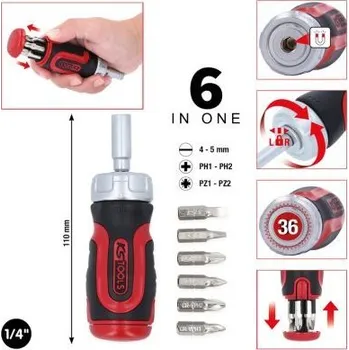 Šroubovák KS Tools 159.2025 Minišroubovák s řehtačkou 1/4", 6v1