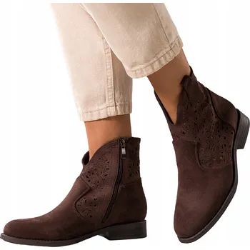 Dámské kozačky KOTNÍKOVÉ BOTY Dámské Čokoládové PLOCHÉ Prolamované Svršek POHODLNÉ Semišové vel. 40