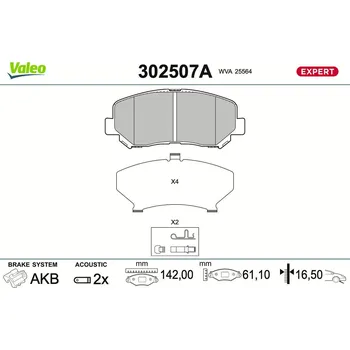 Brzdová destička Sada brzdových destiček, kotoučová brzda VALEO 302507A