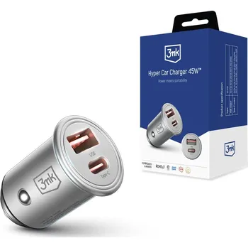 Mobilní telefon Accessories - 3mk Hyper Car Charger 45W PD QC PPS USB 1A1C Silver