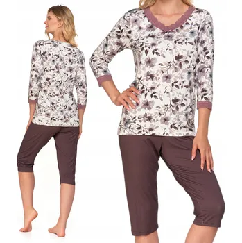 Dámské pyžamo Dámské pyžamo s jemnou krajkou, květinový vzor, viskóza, 3/4 rukáv, kalhoty MORAJ S