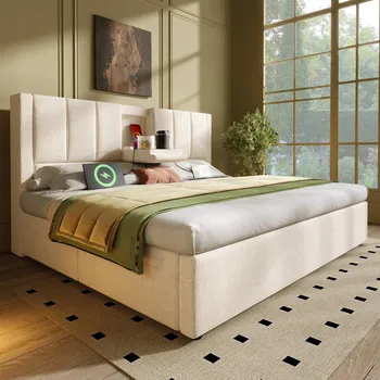 Postel Čalouněná postel dvoulůžko 140x200 Hydraulické zvedání Béžová