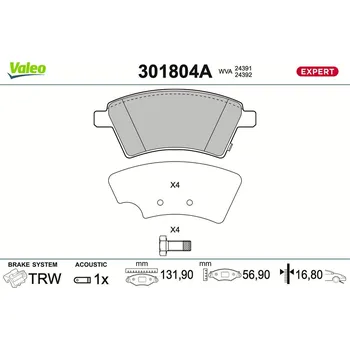 Brzdová destička Sada brzdových destiček, kotoučová brzda VALEO 301804A