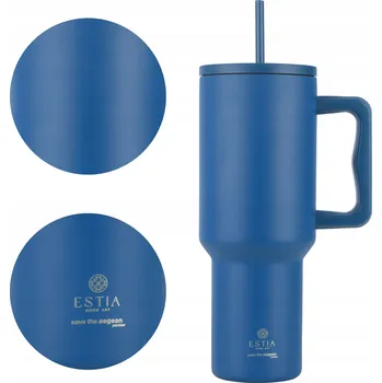 Termohrnek VELKÝ TERMOHRNEK SE SLÁMKOU 1200 ml modrý na kávu, čaj s držadlem