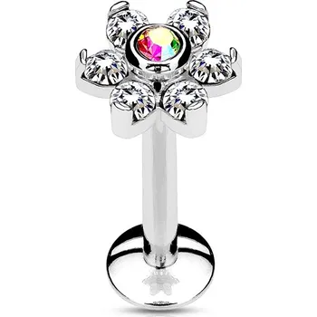 Piercing Šperky4U Piercing do brady - labreta kytička, duhový/čiré kamínky - LB1074-1208