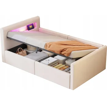 Postel Čalouněná postel Dětská postel s hydraulickým zvedáním Noční lampa 90x200 LED béžová