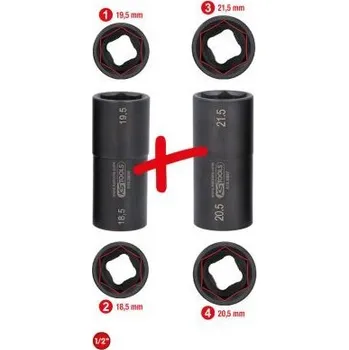 Gola hlavice KS Tools Souprava speciálních silových nástrčných ořechů 1/2“ na hliníkové ráfky, pro vozidla Ford, SW 15/18,5/19,5/20,5/21,5 mm, 2dílná 515.0895
