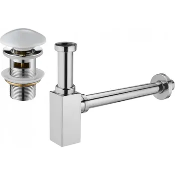 Sifon Mexen příslušenství, Čtvercový umyvadlový sifon s keramickou zátkou click-clack, s přepadem, chromová - bílá, 7992060-02