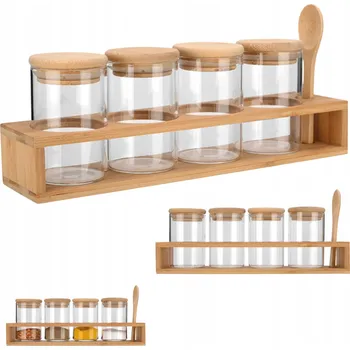 Dóza na potraviny Sada skleněných dóz na koření 4 ks ve stojanu s lžičkou