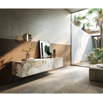 Televizní stolek DELIFE TV stolek Cuor 180 cm keramika Minas Melange bílá béžová 1 výklopná dvířka 2 zásuvky závěsný