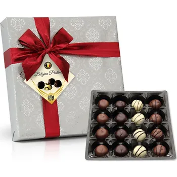 Bonboniéra Selllot, s.r.o., K Hájům 34, 155 00 Praha 5 - Vyrobeno v Belgii Výběr belgických pralinek Belgian ve metalickém papíru s červenou mašlí 200 g