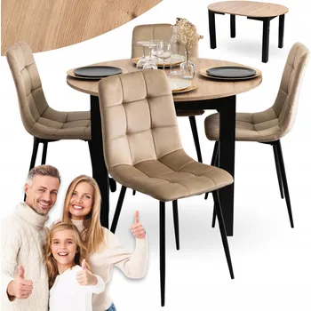 Jídelní stůl Rozkládací jídelní stůl Kulatý + 4 čalouněné židle, béžová sada