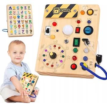 Dřevěná hračka DŘEVĚNÁ MONTESSORI MANIPULAČNÍ DESKA S LED SVĚTLEM A VYPÍNAČEM MAX-01