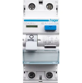 Proudový chránič Proudový chránič 63A 30mA typ A 6kA Hager CDA263J