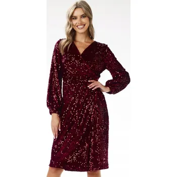 Dámské šaty Zavinovací šaty s flitry, midi délka, dlouhý rukáv, vínová XL