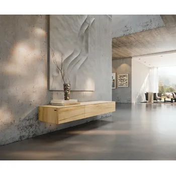 Televizní stolek DELIFE TV stolek Cuor 150 cm keramika Laminam® Sabbia dubová 1 výklopná dvířka 1 zásuvka závěsný