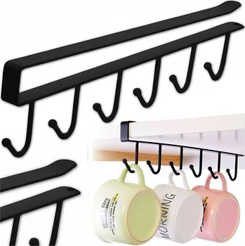 Věšák Závěsný držák pod kuchyňskou linku na hrnky, černý, háčky bez vrtání