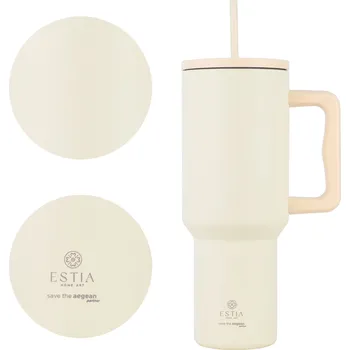 Termohrnek VELKÝ TERMOHRNEK SE SLÁMKOU 1200 ml krémový na kávu, čaj s držadlem