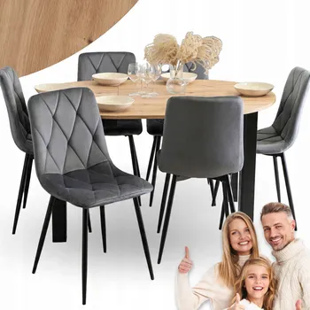 Jídelní stůl Sada: Rozkládací kulatý stůl Mebel Elite a 6 židlí, šedá/dub artisan