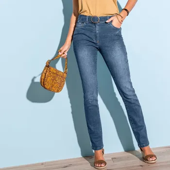 Dámské kalhoty Rovné kalhoty s páskem, pro menší postavu denim 42