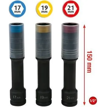 Dílna KS Tools Souprava silových nástrčných ořechů na hliníkové ráfky SlimPOWER, extra dlouhé, 3dílná, 1/2", 17, 19, 21 mm 515.0622