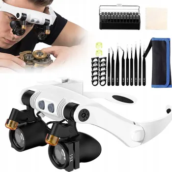 OKULÁROVÁ LUPA SE 7 VÝMĚNNÝMI ČOČKAMI A 2 LED SVĚTLY PRO ELEKTRONIKU, ČTENÍ A ŠITÍ