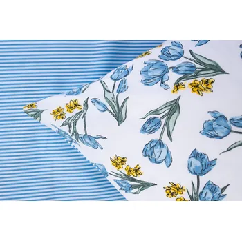 Povlečení Podpěrová s.r.o. Krepové povlečení TULIPÁNKY / modrý pruh Velikost: 200x200 cm (1 ks), 70x90 cm (2 ks) ŠEV na peřině