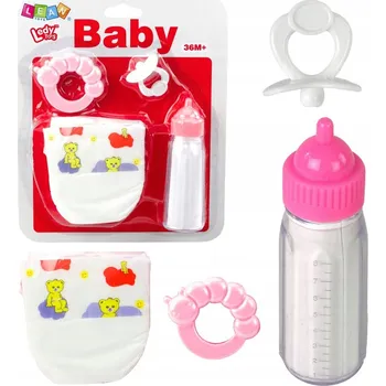 Doplněk pro panenku Sada pro panenky – Lahvička, Dudlík, Chrastítko, Plenka