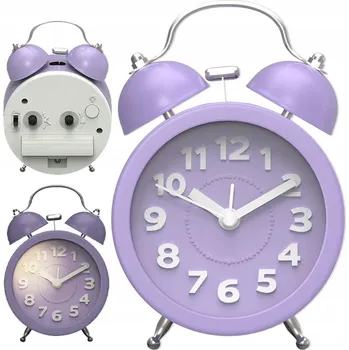 Budík FUNKČNÍ FIALOVÝ BUDÍK NA BATERIE S MECHANICKÝM STROJKEM A PODSVÍCENÝM CIFERNÍKEM