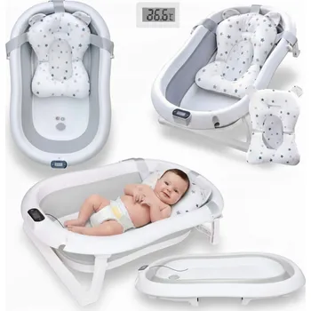 Kojenecká hygiena Skládací silikonová vanička s LCD teploměrem a polštářkem – Šedá | (I012)