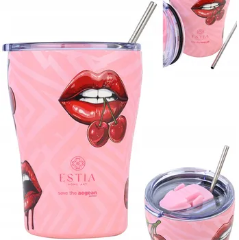 Termoska Růžový TERMOHRNEK SE SLÁMKOU z oceli 350 ml termoska na kávu, čaj