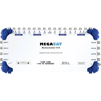 vypínač MegaSat 0600154 rozdělovač satelitního signálu Vstupy (vícenásobný spínač): 17 (16 SAT/1 terestrický) Počet účastníků: 8