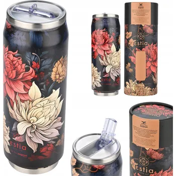 Termoska TERMOHRNEK SE SLÁMKOU 500 ml s květinami, termoska na kávu, čaj, z oceli