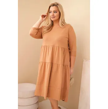 Dámské šaty Dámská bavlněná sukýnka Plus Size s volánky a ohrnutým rukávem camelová UNI